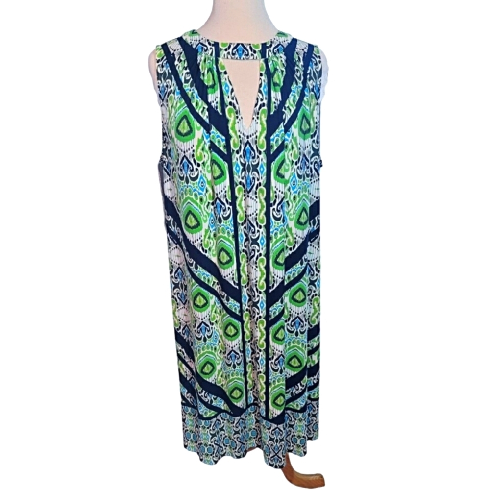 Wisp Woman Sleeveless Graphic Green Blue White Print Dress Size 20W